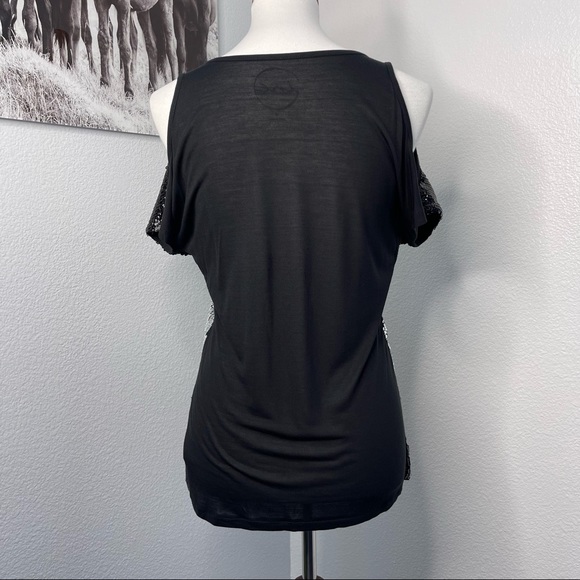 INC International Concepts Cold Shoulder Sequin Top Small Black/Silver - Picture 4 of 13